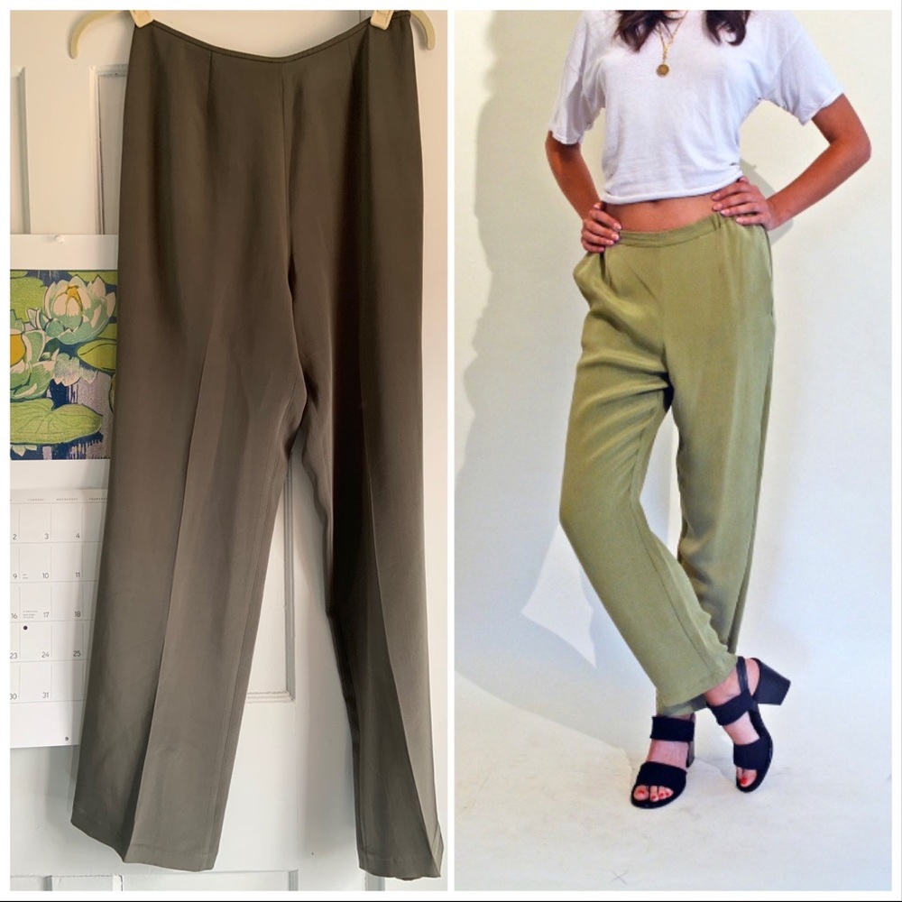 Vintage GETT silk trousers in moss green bnwot - Picture 2 of 6